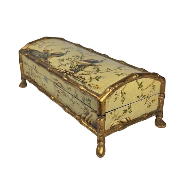VTG Large Wooden Decorative Box Floral Bird Painted Asian Chinoiserie Footed - Picture 1 of 13